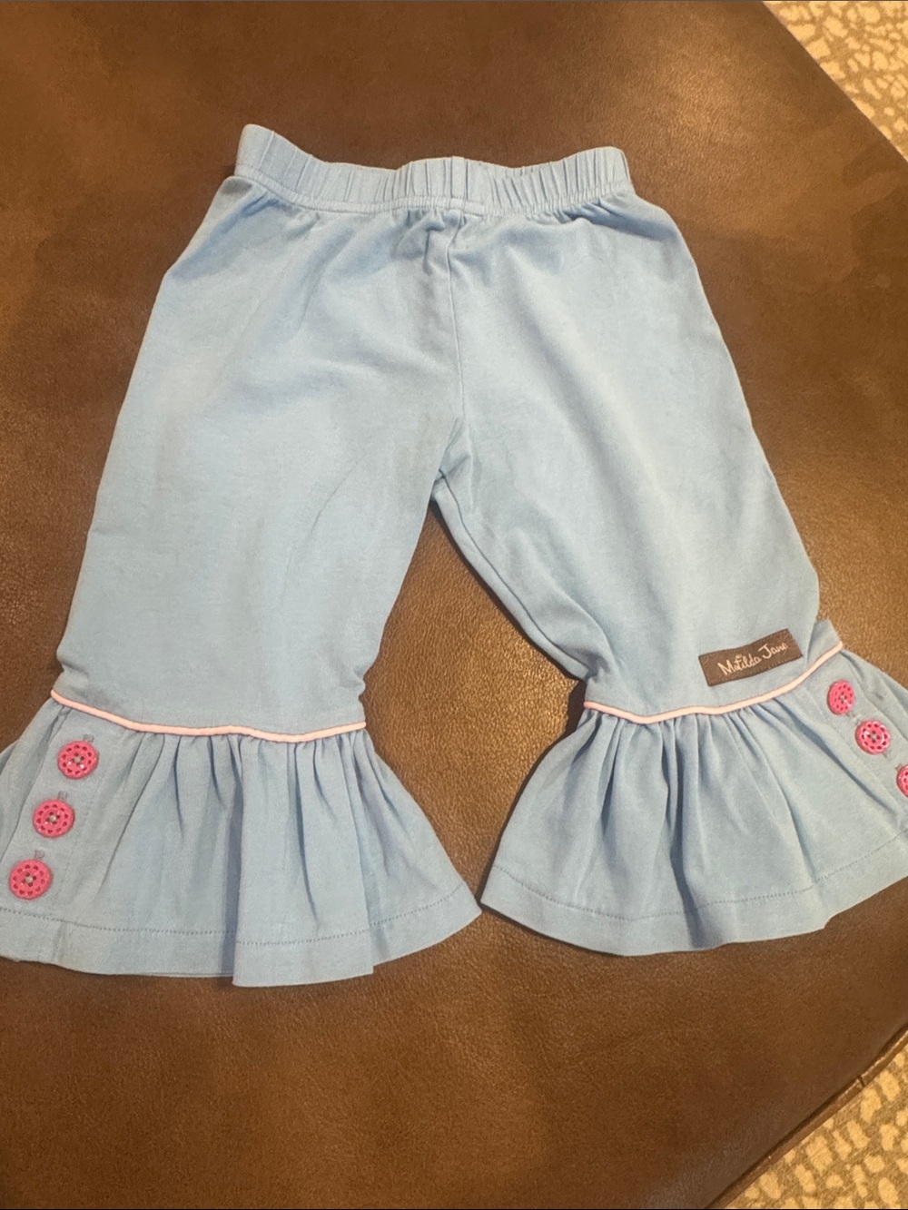 Matilda Jane Light Blue Ruffle Bottoms with Pink Button Detail